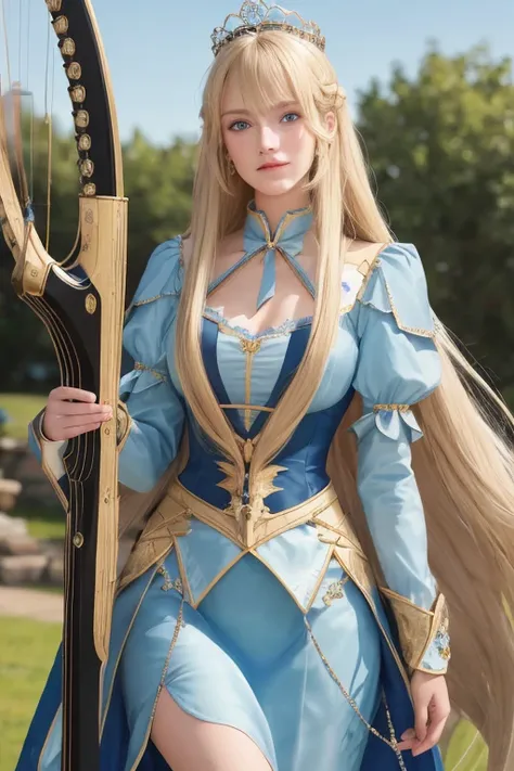 8k, superb, masterpiece, high detail, semi-realistic, 1 girl, young woman, 19 years old, blond long hair, right eye covered by bangs, blue right eye, jewelry crown, court style platinum skirt, slim figure, archery, Archery with a bow, beautiful long hairs,...