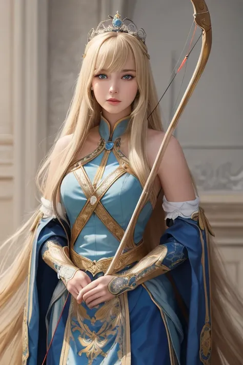 8k, superb, masterpiece, high detail, semi-realistic, 1 girl, young woman, 19 years old, blond long hair, right eye covered by bangs, blue right eye, jewelry crown, court style platinum skirt, slim figure, archery, Archery with a bow, beautiful long hairs,...