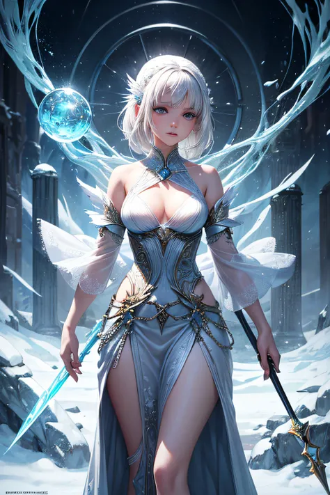 young teen girl, white hair, ice mage, sorceress, ice  goddess, streams of snow covering her body, mages dress made of snow, controling all snow and ice around her, makes spirals of ice around her body, wielding a magic staff, ancient cave in background, s...