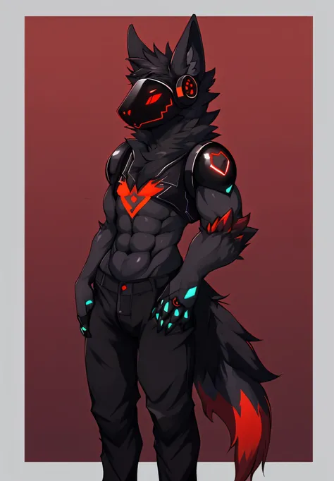 Protogen, The robot, machinery, male , Black fur, little red fur, Red Eyes, Black long pants, Sexy, Muscular