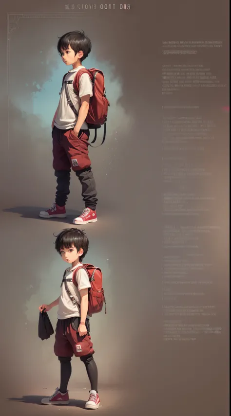 a multiple angle character sheet of a boy with short black hair and a red backpack, red shoes, anime on shirt, character sheet, multiple angle face, ghibli studio animation style --auto --s2