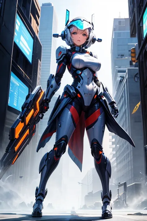 front of the camera, fullbody, girl, white bluish hair, technological robotic armor, big breasts, orange details, with a futuristic robotic helmet that covers her entire head