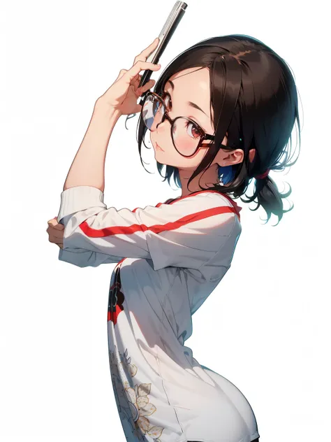 a close-up of a girl with (short, dark hair), wearing (big glasses) and a (big, white t-shirt); (((Best quality))) master piece vector illustration; anime character in sharp focus; detailed and vibrant anime face;  character design; beautiful and vibrant d...