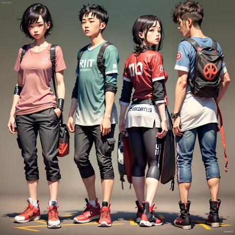 a multiple angle character sheet of a boy, with short black hair, a red backpack, red shoes, anime on shirt, character sheet, multiple angle face, ghibli studio animation style --auto --s2