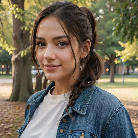 "A woman, two colored eye , left eye green, right eye brown, a little big nose, nice lips , in park,  tight jean pants sweater jacket smiling long hair ponytail  , 8k, detailed eyes, perfect edges, detailed hair, detailed anatomy, detailed face, Sony 8k, 8...