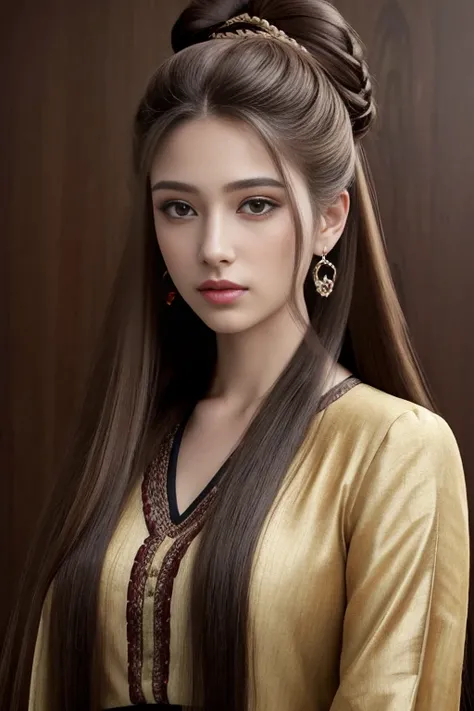 Best quality, masterpiece, ultra high res, portrait, (photorealistic:1.4), raw photo, 1girl, Top Knot, wearing blouse, detailed face textures,  beautiful long hairs, crazy long hairs, super long hairs, long hair, crazy long hairs, super long hairs