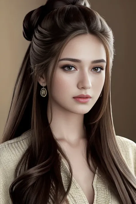 Best quality, masterpiece, ultra high res, portrait, (photorealistic:1.4), raw photo, 1girl, Top Knot, wearing blouse, detailed face textures,  beautiful long hairs, crazy long hairs, super long hairs, long hair, crazy long hairs, super long hairs