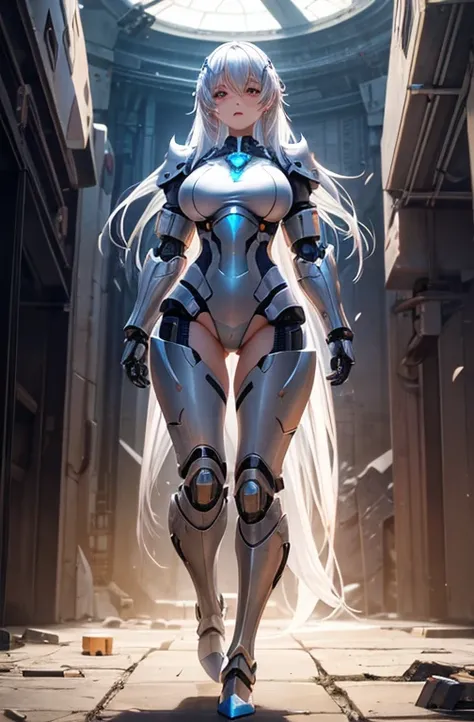 front of the camera, fullbody, girl, white bluish hair, broken technological robotic armor, big breasts, orange details, half-naked, armor shattering, broken armor