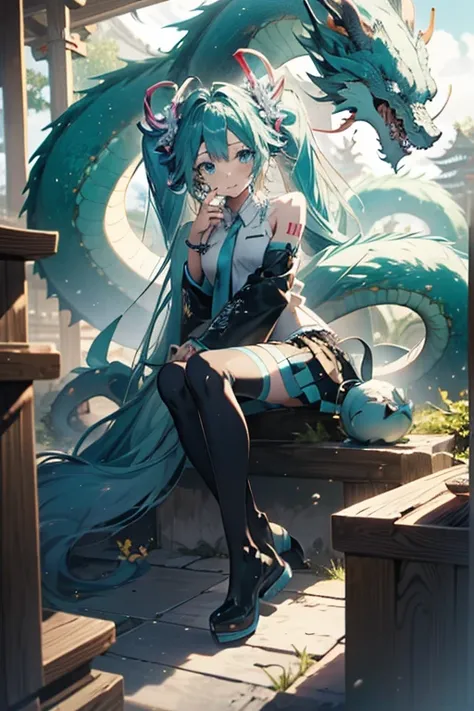 miku hatsune，Dragon in the sky，Shenron next door，shrines，Dragon personification，Along with the dragon Pokemon，Little Dragon，temple in the background