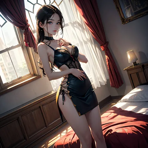 ((Raw photography,top-quality,hight resolution,Ray tracing,nffsw,Best Quality,Post-processing,portlate.3D,),(( dark black leather BDSM,Gorgeous gold embroidery on shiny dark black leather bondage,showy,tight skirts,))),Long black hair,Big breasts that emph...