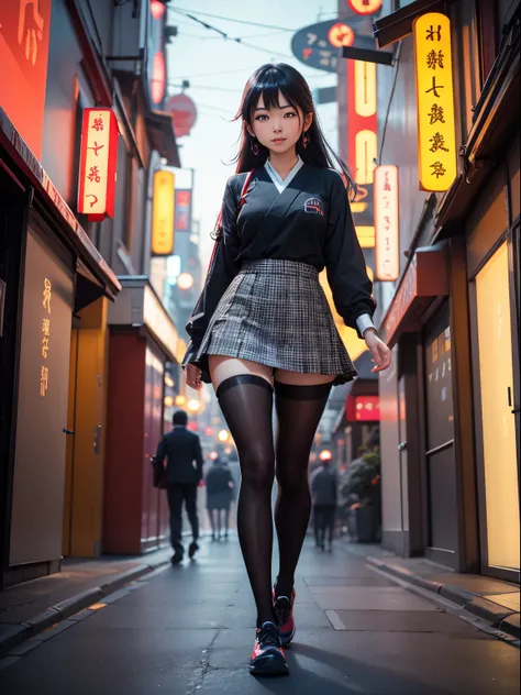 Show entire body, full body view, feet in view, Gorgeous Asian female, American school uniform, very short skirt, shiny black pantyhose, glowing canvas shoes, sunlight shining on legs, cute smile, bustling street in  Japan, alive with vibrant neon lights a...