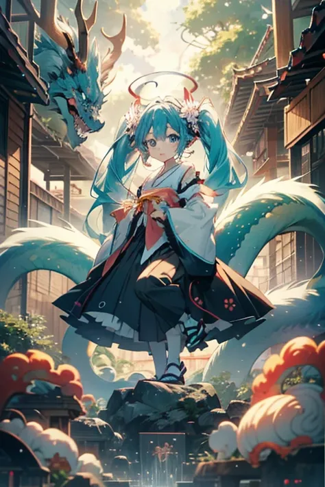 miku hatsune，kimono，Dragon in the sky，Shenron next door，shrines，Dragon personification，with dragon pokemon，Little Dragon，temple in the background