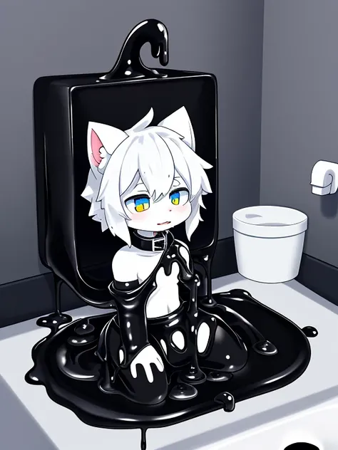 a male white cat，Tied in a bucket of black slime，Covered with mucus，slimes，white cat，collars，Covered with mucus，sink into（（full of black goo）），Kneeling（（posterior view））