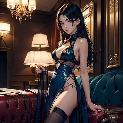 ((Raw photography,top-quality,hight resolution,Ray tracing,nffsw,Best Quality,Post-processing,portlate.3D,),(( dark blue leather BDSM,Gorgeous gold embroidery on shiny dark blue leather bondage,showy,tight skirts,))),Long black hair,Big breasts that emphas...