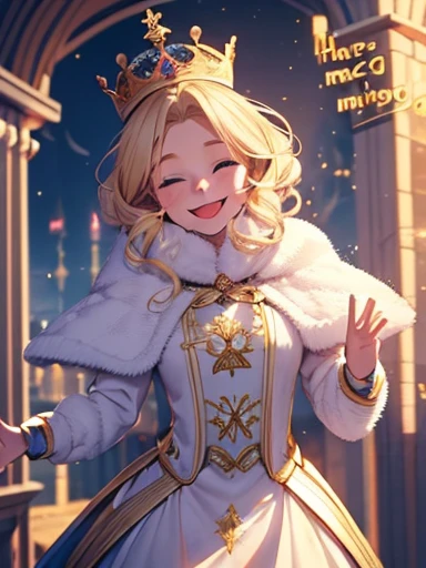 beautiful youngqueen blondehair,blue eyes,dressed in winter clothes,in palace,royalty,elegant,wavyshorthair,medieval,fluffy,(happy : 2),(smile : 1.2)