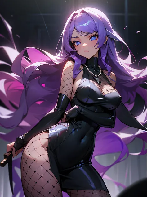 A beautiful and sexy woman with long wavy violet hair, side-swept bangs, sharp blue eyes, glowing eyes, light skin, hate expression, wearing a black bodycon dress, fishnet stockings and pearl necklace, holding a big knife and standing inside of a very dark...