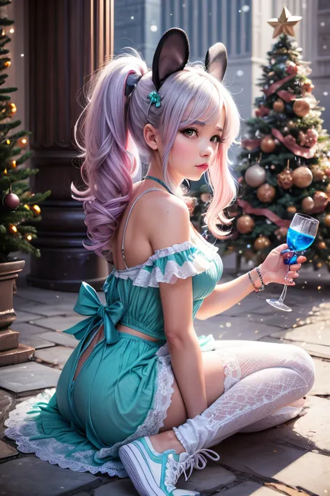 a woman, 1girl, , petite,  in a blue dress and white sneakers, christmas tree at the back,  sitting on the ground, disney inspir...