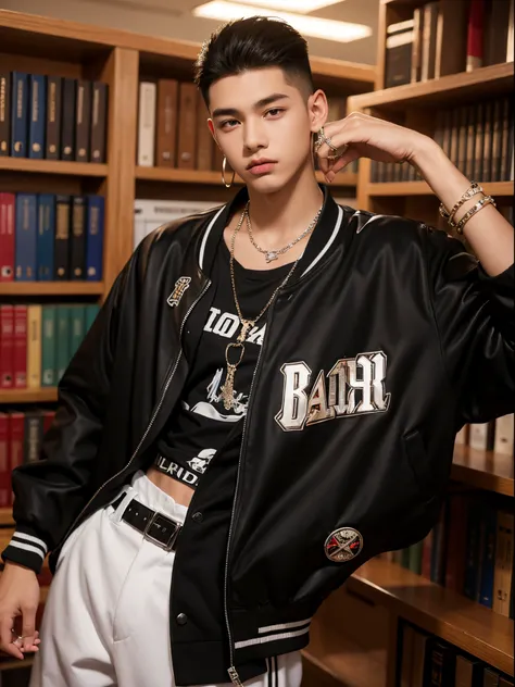 boy, 17 years old, slick back, baseball jacket, rings, bracelet, necklace, belt, piercing, school, library