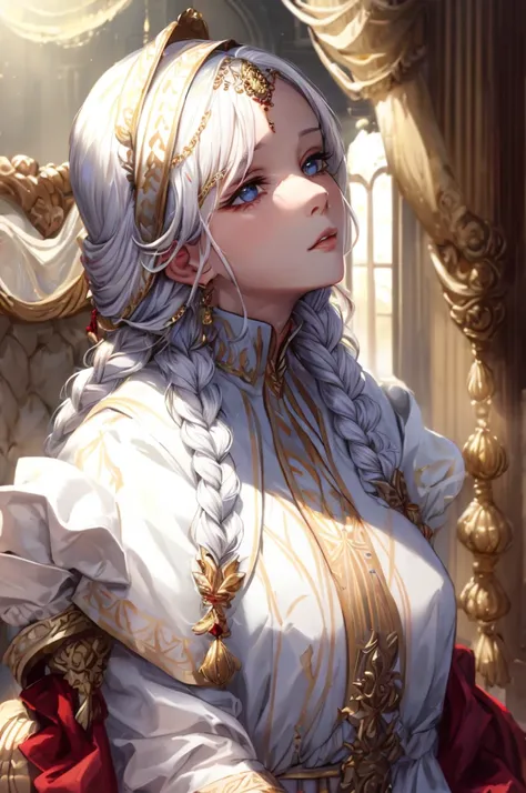 best quality, masterpiece,white hair, gold eyes,white clothes, looking up, upper body,hair strand,fair skin,side braids