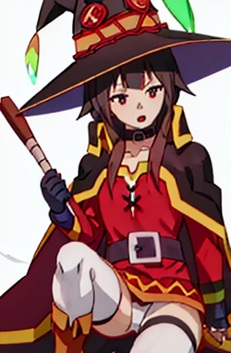 Best Quality, masutepiece, hight resolution, Solo, {Megumin_Konosuba:1.15}, Short_hair, brown_hair, Red_Eyes, Short_hair_with_long_locks, hat, Witch_hat, Cape, Black_hair, Open_Mouth, 1girl in, Collar, Choker, Dress, side locks, Black_Cape, Anime_Coloring,...