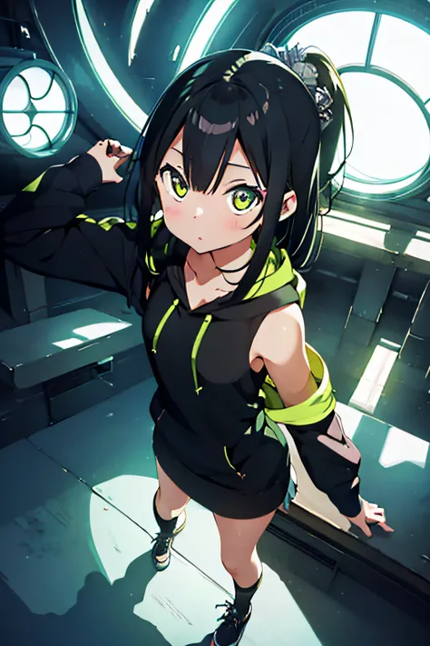 1girl), bottomless, anime style, polished and powerful look, exotic, girl design, mara, portrait, giesha, anime image, with yellow green side tail long hair, showing shoulder, black and green punk hoodie, low angle, wide angle lens f/2.8, ultra insane high...