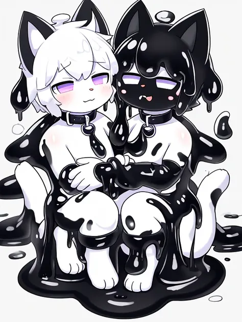 a male white cat，Only the head  exposed to the black slime，Covered with mucus，slimes，white cat，collars，Covered with mucus，hands holding slime，press it on yourself