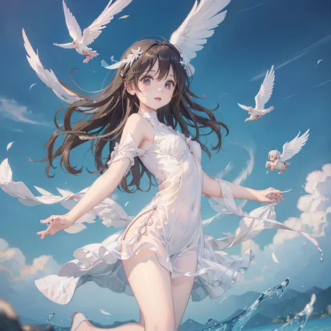 ​masterpiece, top-quality, in 8K, realperson, realisitic, Highly detailed CG, shinny skin, Fully Focused, surrealistic, blue-sky, ((Floating in the air)), The Glory of God, ((Little Angel)), cute little, Appearance of about 10 years old, (fullnude), white ...