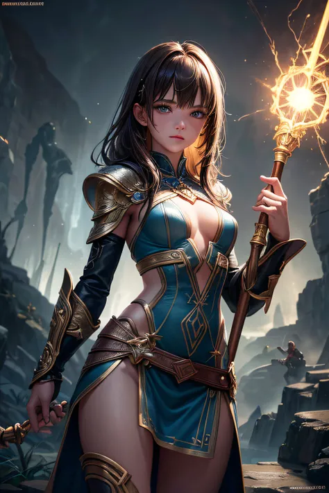 young teen girl, southamerican, brown hair, lightning mage, sorceress, lightning goddess, streams of lightning covering her body, mages dress made of lightning, controling all lightning around her, makes lightning around her body, wielding a magic staff, a...