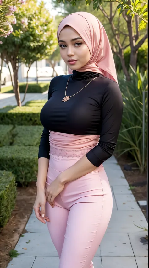 RAW, Best quality, high resolution, masterpiece: 1.3), beautiful Malay woman in hijab,Masterpiece, perfect slim fit body, (Huge breasts), big gorgeous eyes, Soft smile,woman wearing a pink top and black pants posing for a picture, hijab, lovely woman, mala...