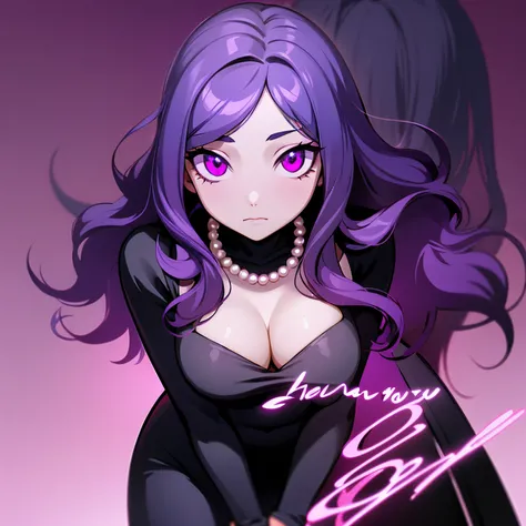 A beautiful and sexy woman with long wavy violet hair, side-swept bangs, sharp blue eyes, glowing eyes, light skin, yandere expression, wearing a black tight dress and pearl necklace, inside of a very dark nightclub, zoom in