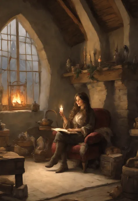 真实感, dark fantasy style, John Tolkien style, Small painting by Jean-Baptiste Monge, Soft facial features,in the foreground is a fireplace with fire, in the center A girl sits cross-legged in a large soft chair, A slight smile on his face, Hands on the armr...