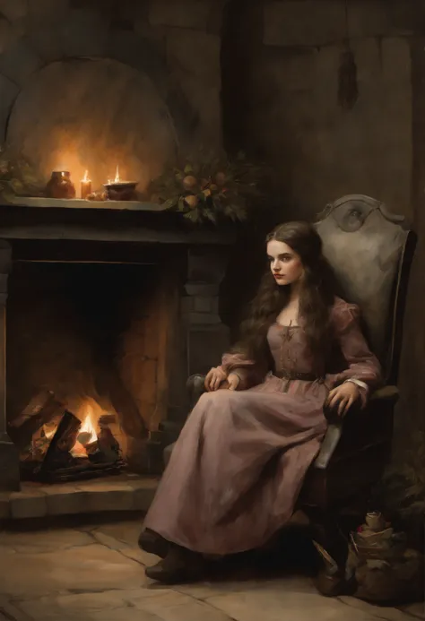 真实感, dark fantasy style, John Tolkien style, Small painting by Jean-Baptiste Monge, Soft facial features,in the foreground is a fireplace with fire, in the center A girl sits cross-legged in a large soft chair, A slight smile on his face, Hands on the armr...