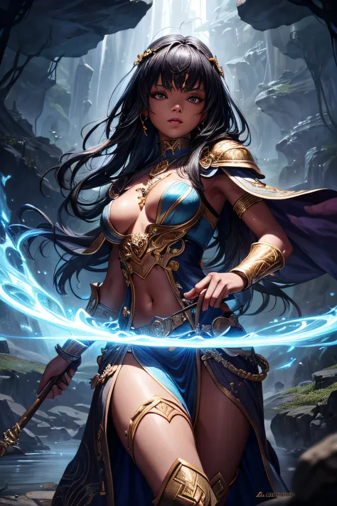 young teen girl, african girl, black skin, earth mage, sorceress, earth goddess, mages dress, controling all rocks around her, floating rocks around her,  wielding a magic staff, ancient cave in background, sexi, small breasts, , highly detailed, vibrant a...