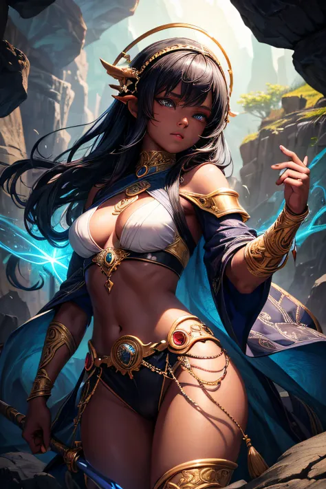 young teen girl, african girl, black skin, earth mage, sorceress, earth goddess, mages dress, controling all rocks around her, floating rocks around her,  wielding a magic staff, ancient cave in background, sexi, small breasts, , highly detailed, vibrant a...