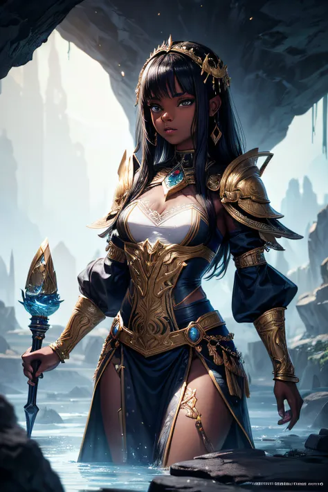 young teen girl, african girl, black skin, earth mage, sorceress, earth goddess, mages dress, controling all rocks around her, floating rocks around her,  wielding a magic staff, ancient cave in background, sexi, small breasts, , highly detailed, vibrant a...