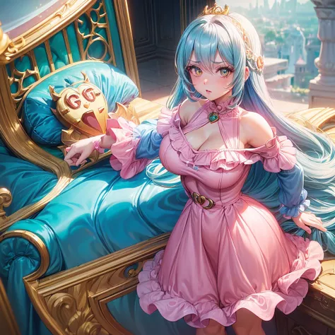 ((1girl)), looking at the camera, looking at viewer, close-up, big boobs, ((really big breasts), (thick thighs), thick, light blue hair, long hair, bangs, yellow eyes, seductive, eyelashes, (((pink gucci dress))), in a castle room, hot and tempting, 8k, vf...