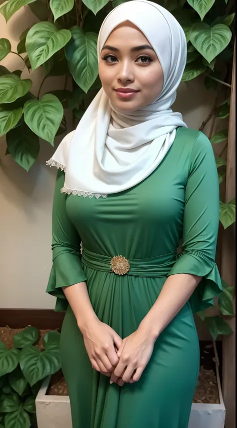 RAW, Best quality, high resolution, masterpiece: 1.3), beautiful Malay woman in hijab,Masterpiece, perfect fit body, (Huge breasts), big gorgeous eyes, Soft smile,woman in a green dress and a green scarf, puff sleeves, hijab, cropped wide sleeve, motif, we...