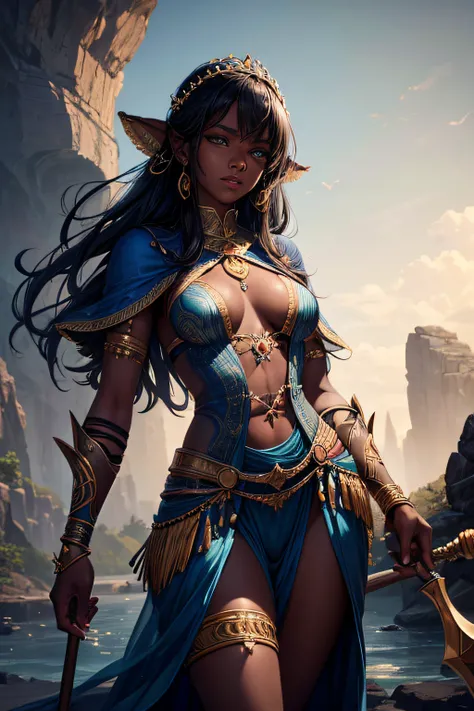 young teen girl, african girl, black skin, earth mage, sorceress, earth goddess, mages dress, controling all rocks around her, floating rocks around her,  wielding a magic staff, ancient cave in background, sexi, small breasts, , highly detailed, vibrant a...