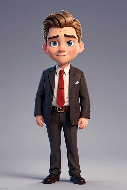 Gere uma imagem de Leonardo DiCaprio em "O Lobo de Wall Street" inspirada nos estilos visuais dos filmes "UP!" e "Ratatouille" da Pixar. In this representation, DiCaprio wears only a black suit and red tie that adds a touch of elegance to his figure.

Leon...