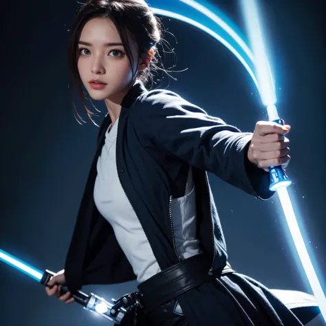 A Jedi in the style of artificial intelligence holds a Jedi blue lightsaber in hand against a dark background in the lower right corner with free space on the left.