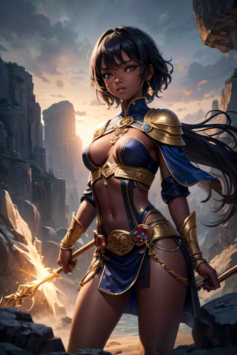 young teen girl, african girl, black skin, earth mage, sorceress, earth goddess, mages dress, controling all rocks around her, floating rocks around her,  wielding a magic staff, ancient cave in background, sexi, small breasts, , highly detailed, vibrant a...