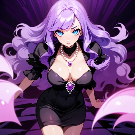 A beautiful and sexy woman with long wavy violet hair, side-swept bangs, sharp blue eyes, glowing eyes, light skin, yandere expression, wearing a black tight dress and pearl necklace, inside of a very dark nightclub, zoom in