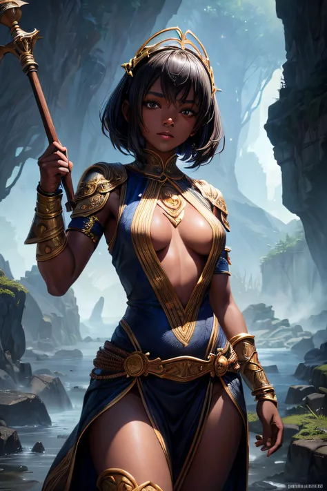 young teen girl, african girl, black skin, earth mage, sorceress, earth goddess, mages dress, controling all rocks around her, floating rocks around her,  wielding a magic staff, ancient cave in background, sexi, small breasts, , highly detailed, vibrant a...