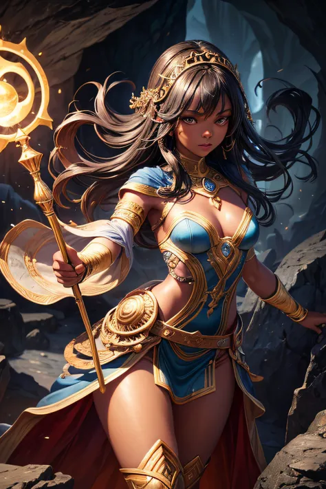 young teen girl, african girl, black skin, earth mage, sorceress, earth goddess, mages dress, controling all rocks around her, floating rocks around her,  wielding a magic staff, ancient cave in background, sexi, small breasts, , highly detailed, vibrant a...