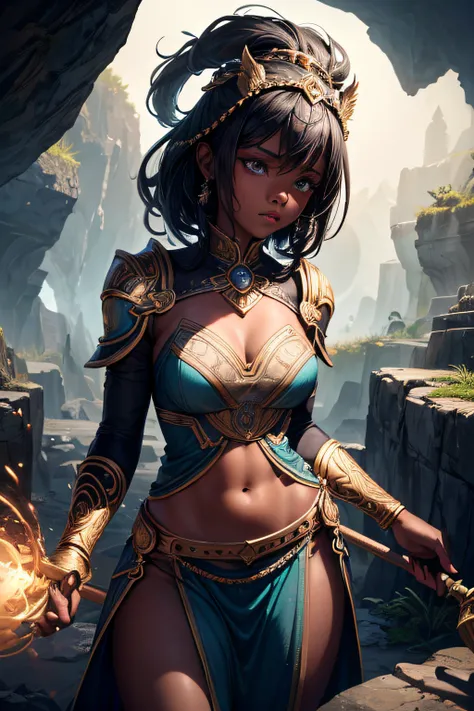 young teen girl, african girl, black skin, earth mage, sorceress, earth goddess, mages dress, controling all rocks around her, floating rocks around her,  wielding a magic staff, ancient cave in background, sexi, small breasts, , highly detailed, vibrant a...