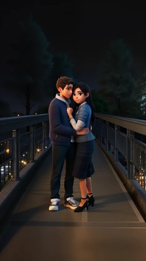 there are two people standing on a bridge at night, photo taken at night, couple pose, taken in the night, harsh flash photo at night, edited in photoshop, on a bridge, portait image, night photo, photo portrait, lovely couple, high quality portrait, night...