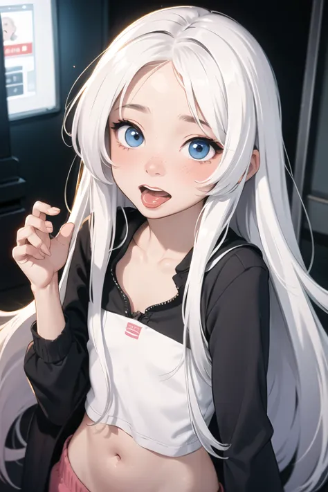 albino girl, small chest, very long hair, blue eyes, blushed face, tongue out, open mouth