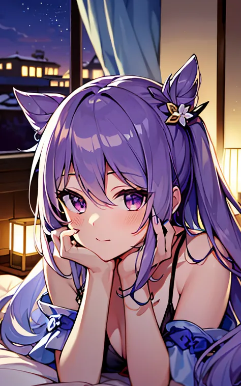 ((masterpiece:1.4, best quality)), purple hair, night,bedroom, laying on bed, 1girl, keqing (genshin impact), bikini,