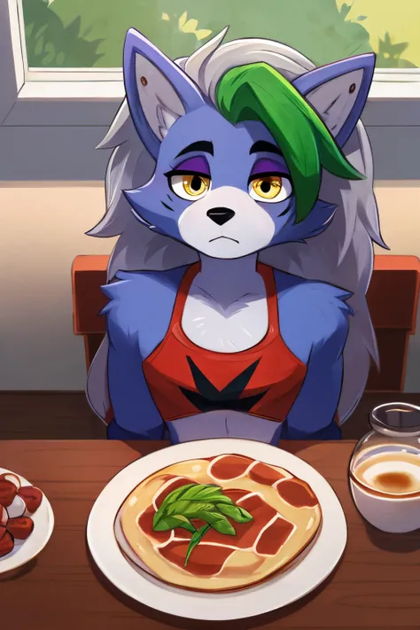 best quality, fnafroxanne, furry female, body fur, makeup, wolf ears, wolf tail, grey hair, green hair, yellow eyes, crop top, clear image, morning kitchen background, sitting at dark wood dining table, having breakfast in a hurry, bacon and eggs, sipping ...