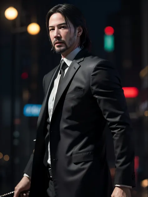 Best quality, masterpiece, ultra high res, (photorealistic:1.4), raw photo, Handsome Keanu Reeves as John Wick, gun in right hand, raining, cyberpunk night backdrop